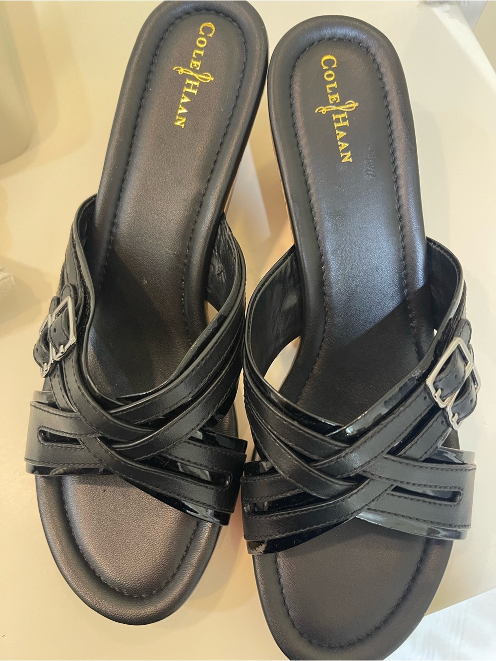 Cole  Haan Wedge Sandal Size 10 black patent leather accents never worn